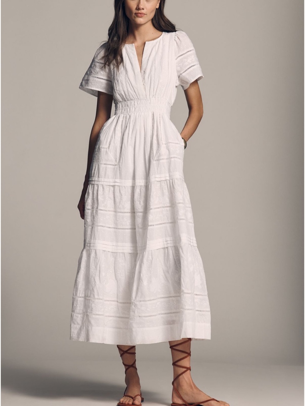 Anthropologie Somerset Maxi Dress White Eyelet Smocked Waist pockets Sz M NEW